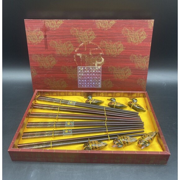 VTG Wooden Chopsticks & DUCK Chopstick Rest Holders in Box Set Of 6 NEW - Picture 2 of 5